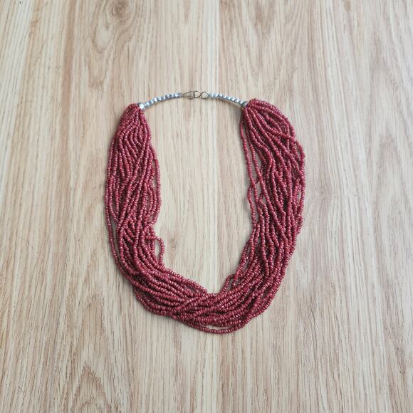 Red 18 Strand Seed Bead Bib Necklace 22" Boho Valentine Statement Collar Layered - Picture 1 of 8